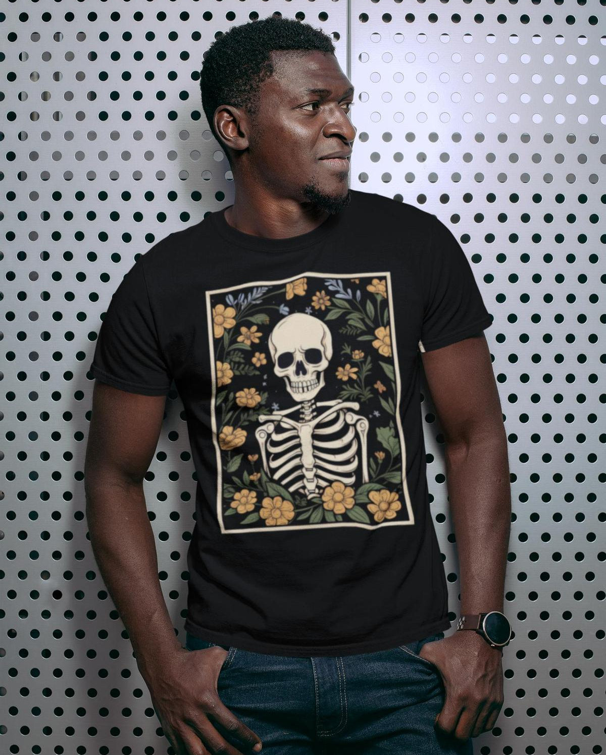 Skeleton With Flowers Dark Unisex T-Shirt